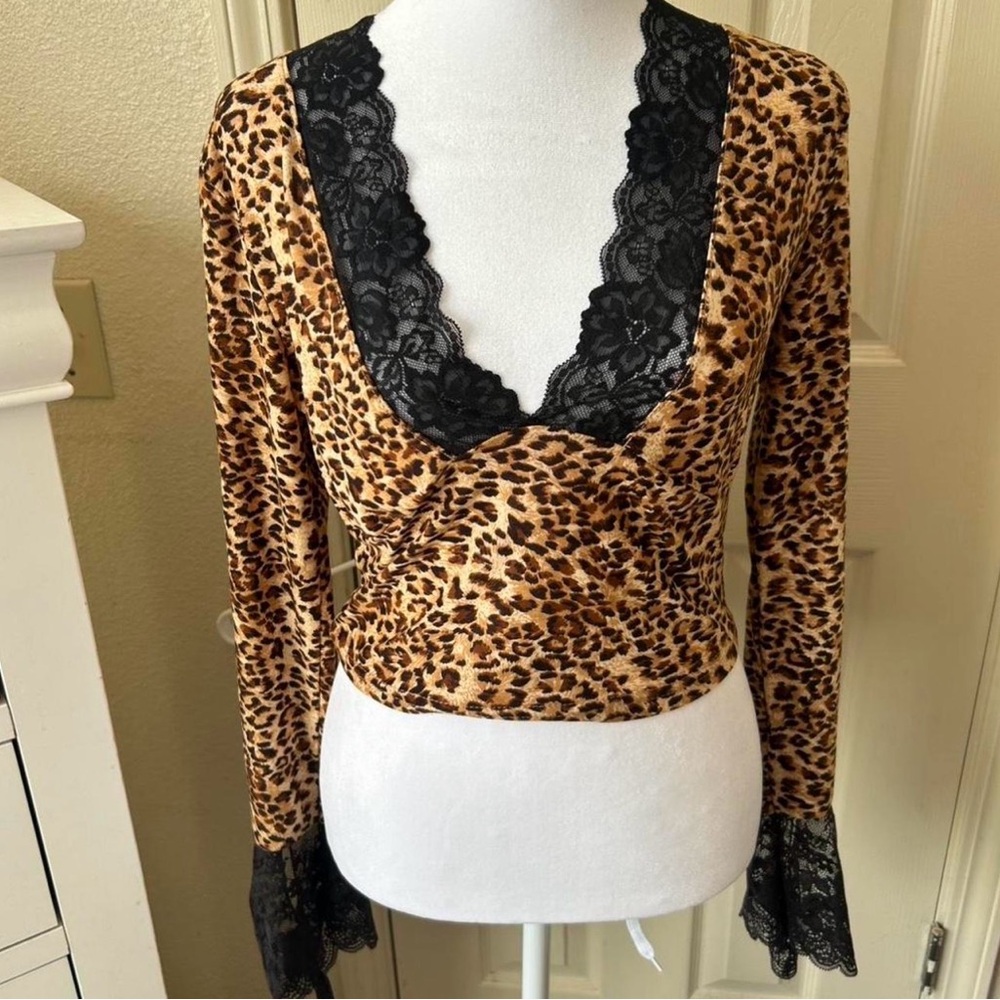 SHEIN Leopard Print Blouse with Black Lace